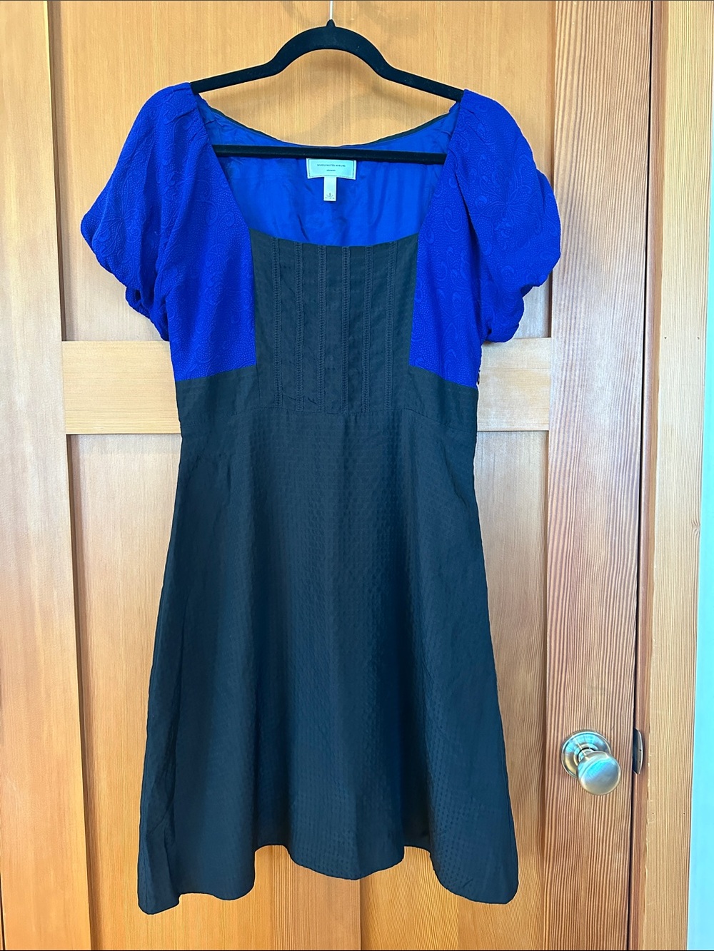 Moulinette Soeurs Cobalt Blue and Black Puff Sleeve Fit-and-Flare Dress